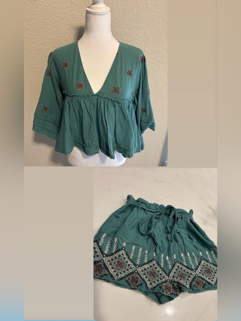 Free People Set Teal Embroidered V-Neck Crop Top & Shorts